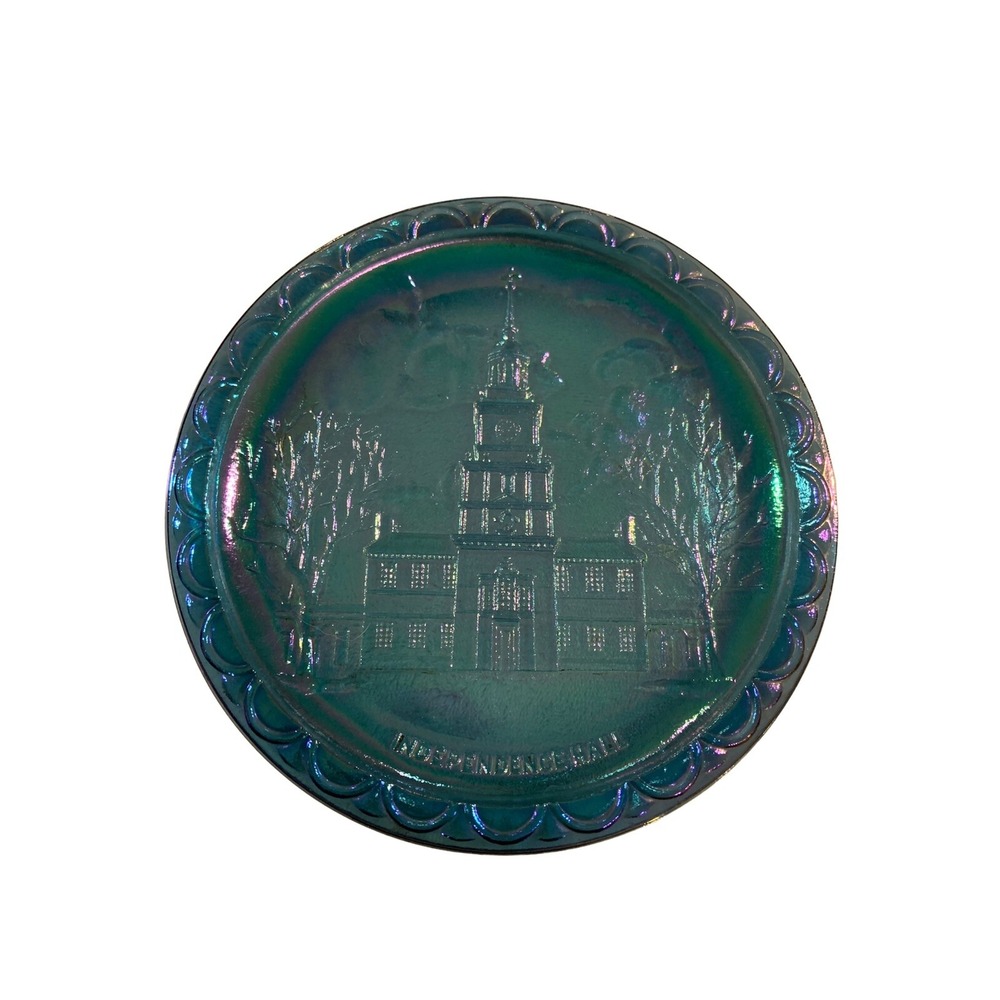Indiana Glass Independence Hall Bicentennial 1776-1976 Carnival Glass Plate Blue
